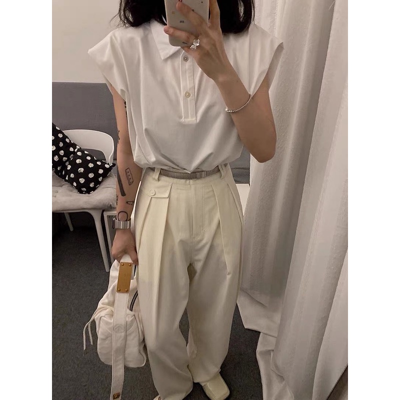 Áo Thun Sát Nách Cổ Polo Màu Sắc Đơn Giản Phong Cách retro Mỹ Cho Nữ