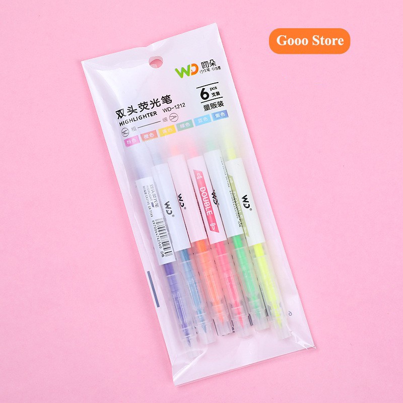 Set 6 bút highlight pastel dạ quang 2 đầu Gooo, đánh dấu nhớ phụ kiện văn phòng phẩm