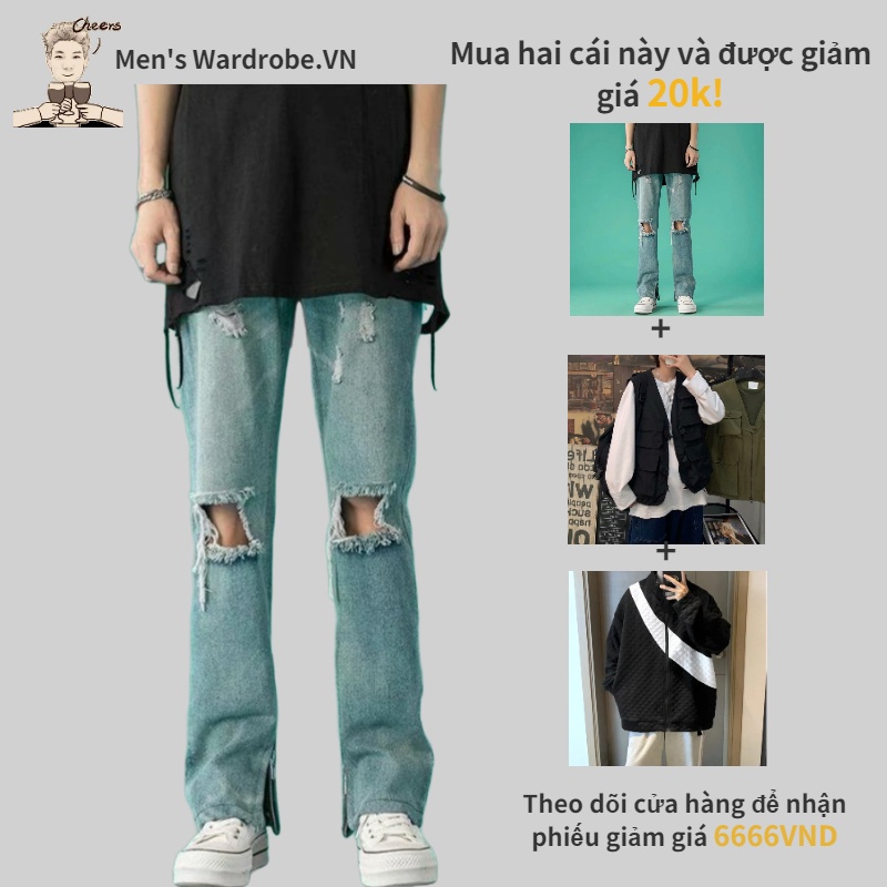 Quần Jeans Rách Phối Khóa Kéo Dáng Rộng Phong Cách Hàn Quốc Thời Trang Cho Nam bigsize quần jean ống suông