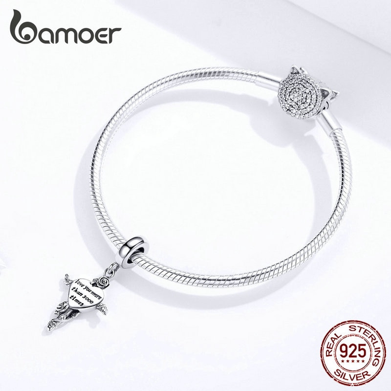 Hạt charm Bamoer hình trái tim khắc chữ độc đáo