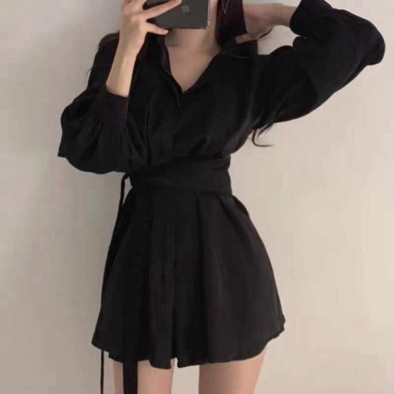 Bộ Áo Vest Dây Quấn Eo Kèm Quần Ngắn ⚡FREESHIP⚡🦋 Set Áo Dài Nữ Quần Đùi Chất Đũi 2 Màu🦋 Đầm Ngắn Phối Phong Cách