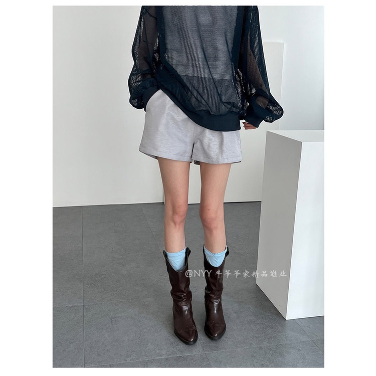 Giày Bốt Cao Bồi Bằng Da Thật Mũi Nhọn Gót Dày Vừa Vặn Phong Cách Cao Bồi Phương Tây Cho Nữ