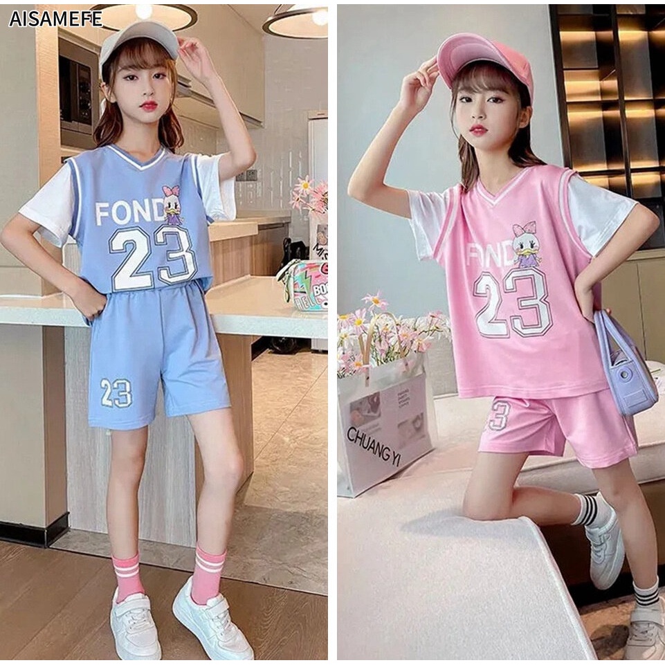 Bộ đồ thể thao 2 món áo thun cổ chữ V bằng cotton phong cách Hàn Quốc dành cho bé gái 3-13 tuổi