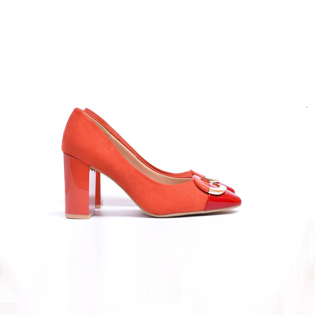 Giày Cao Gót Nữ Da LộN PhốI Khuy Đế Vuông Evashoes - EVA0057