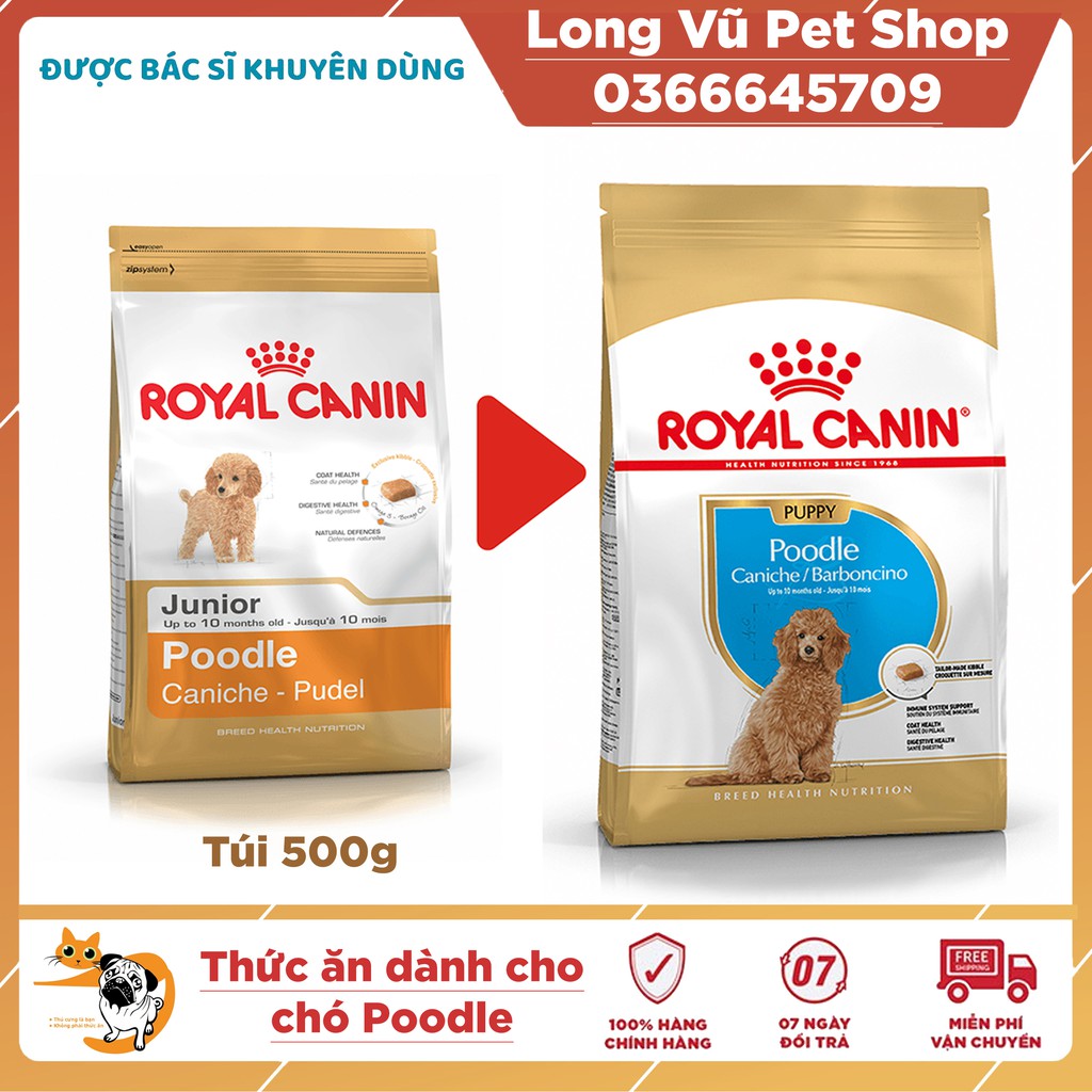 Thức ăn cho giống chó Poolde dưới 10 tháng tuổi Royal Canin Poodle Puppy túi 500g