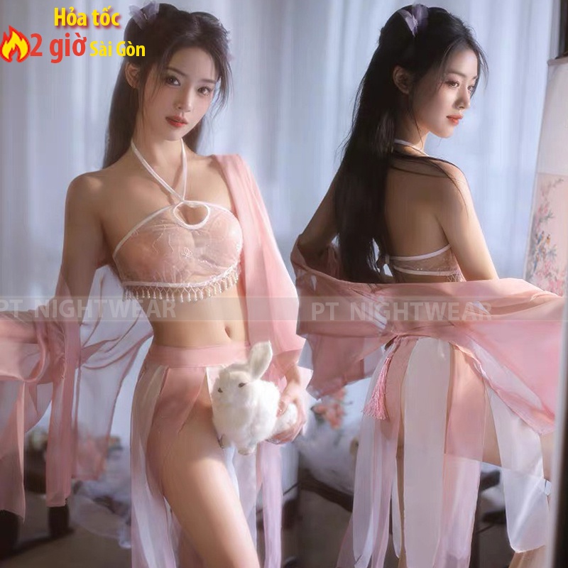 Váy ngủ cổ trang set yếm phối quần váy xẻ nhiều tà sexy PT NIGHTWEAR kèm áo choàng gợi cảm PT64