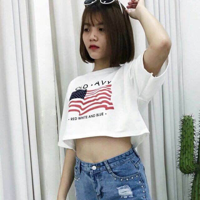 ÁO THUN CROPTOP FORM RỘNG TAY LỠ ULZZANG - ÁO NHÓM CROP NGẮN TAY LÁ CỜ OLD NAVY 3