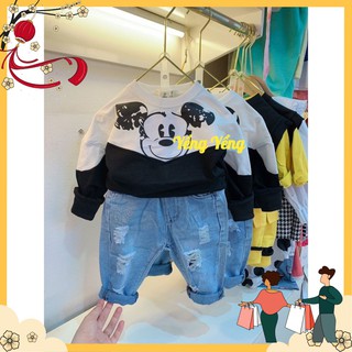Bộ bé trai áo nỉ mickey đen trắng + quần bò xanh