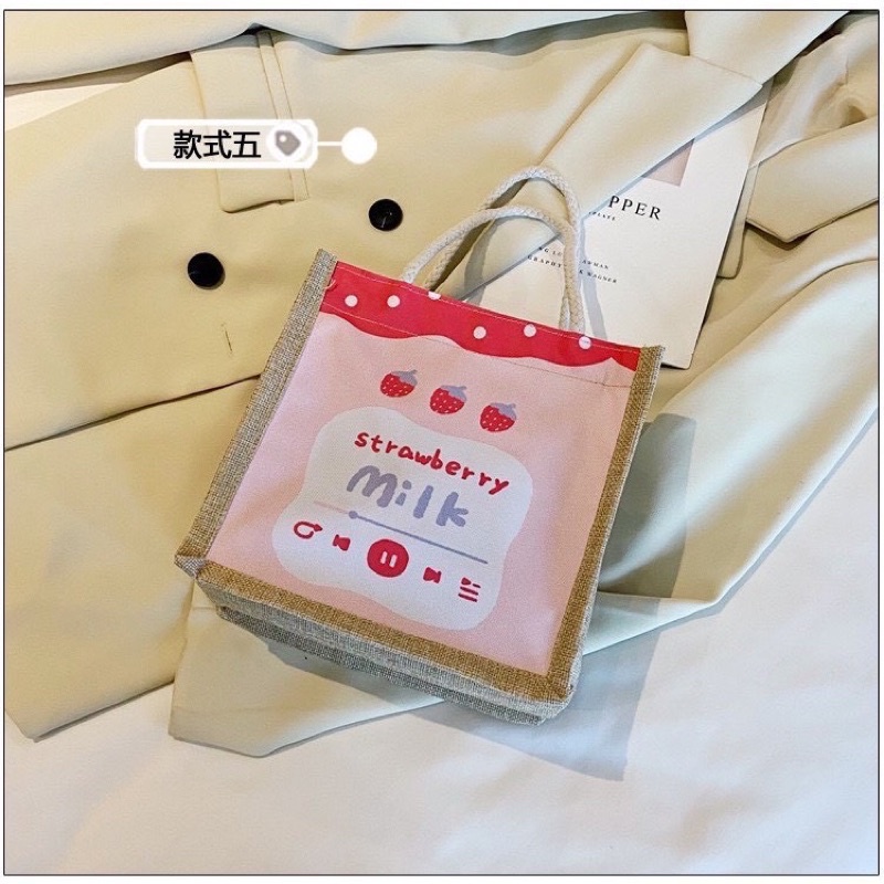 Túi cói vintage hoạt tiết hoạt hình đáng yêu