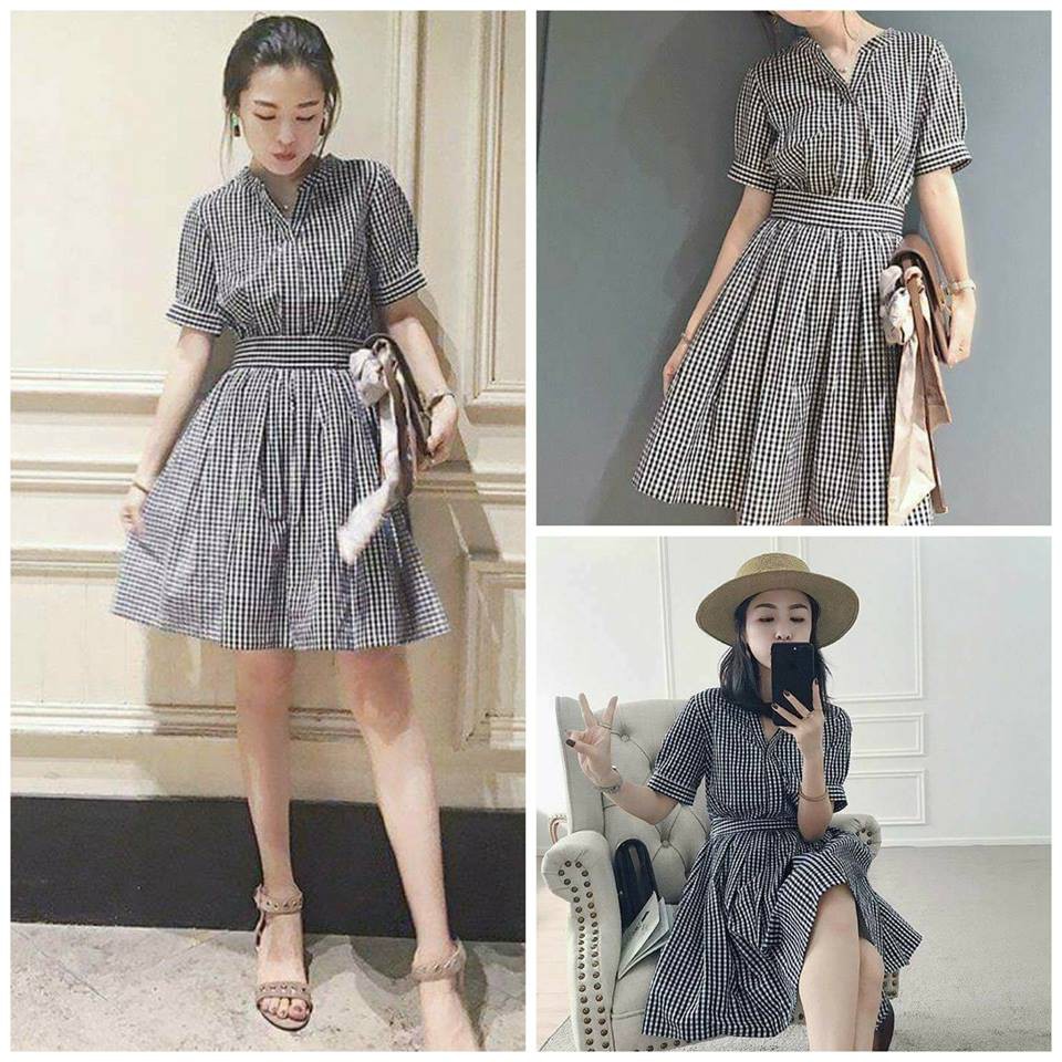 Đầm caro cổ trụ bo eo