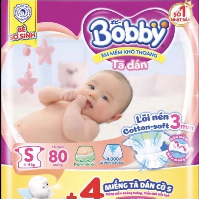 Tã dán Bobby mẫu mới Size S(56+8) S(80+6)M(76+8)