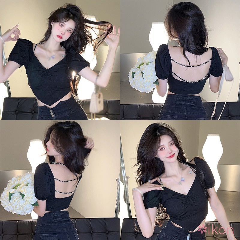 Áo Thun Crop top Cổ Chữ V Hở Lưng Tay Ngắn Có Dây Xích