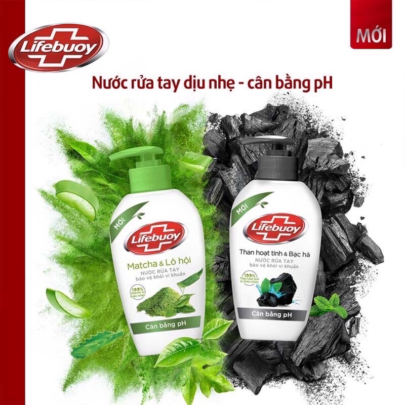 [LIFEBOUY] Nước Rửa Tay Lifebouy Cân Bằng PH Than Hoạt Tính Bạc Hà/ Matcha và Lô Hội - 500gr