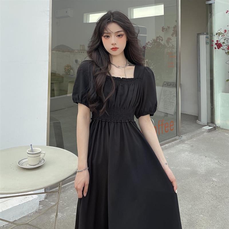 Đầm dáng dài tay phồng cổ vuông bó eo thời trang mùa hè phong cách Pháp cổ đIển