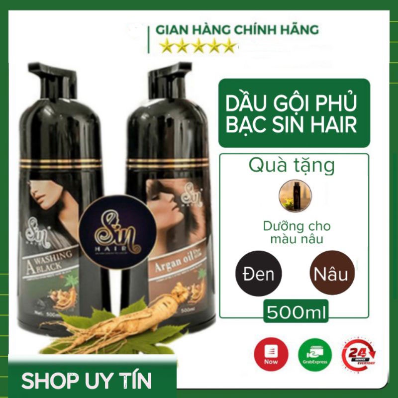 [CAM KẾT CHÍNH HÃNG] Sin hair - Dầu gội nhuộm tóc phủ bạc nhân sâm, phủ đen tóc phủ nâu tự nhiên số 1 Nhật Bản 500ml