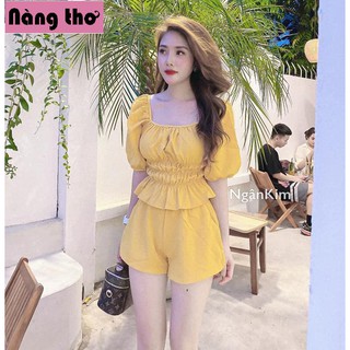 SET Đồ Bộ Kiểu Nữ Đi Chơi Áo Cổ Vuông Eo Chun Tay Bồng & Quần Đùi - Nàng Thơ's Shop