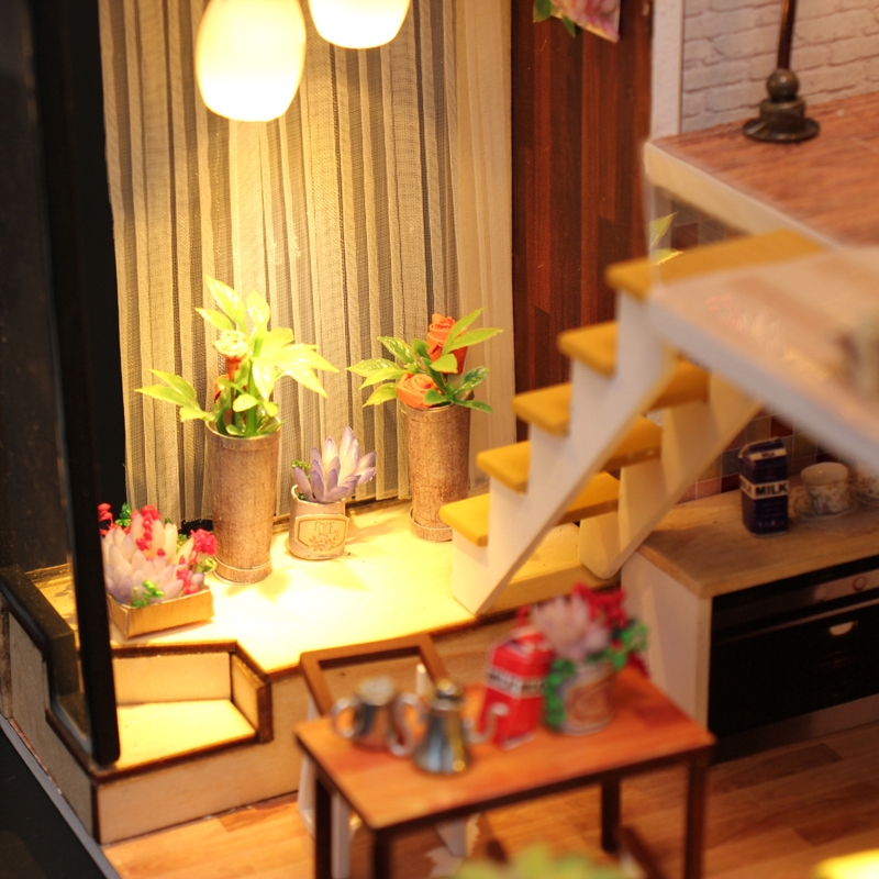 mô hình đồ chơi lắp gáp gỗ vật dụng trang trí handmake ngôi nhà lãng mạn mini thu nhỏ M030 có đèn