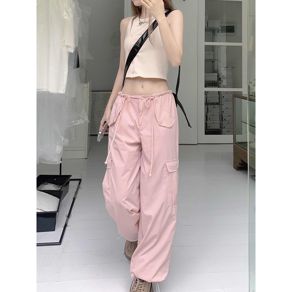 Quần Yếm Dáng Rộng Dây Rút Ống Rộng Mỏng Màu Hồng Thời Trang Mùa Thu Phong Cách Hàn Quốc Cho Nữ