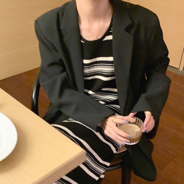 Đầm dệt kim ZHELIHANGFEI sát nách cổ tròn họa tiết sọc ngang thời trang trẻ trung cá tính cho nữ