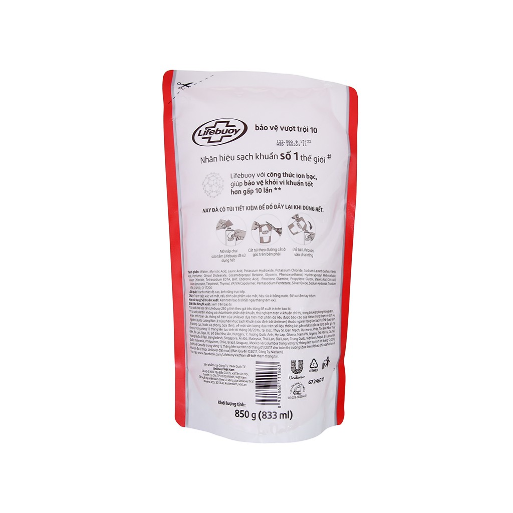 Sữa tắm Lifebuoy bảo vệ khỏi vi khuẩn vượt trội 10 lần bịch 833ml