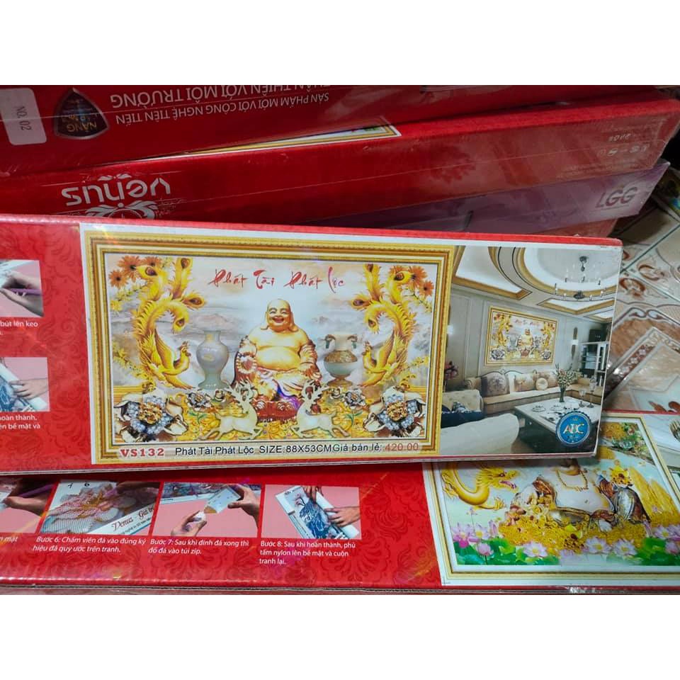 Tranh đính đá phật di lạc KT:88x53cm. Tranh gắn đá tự làm.