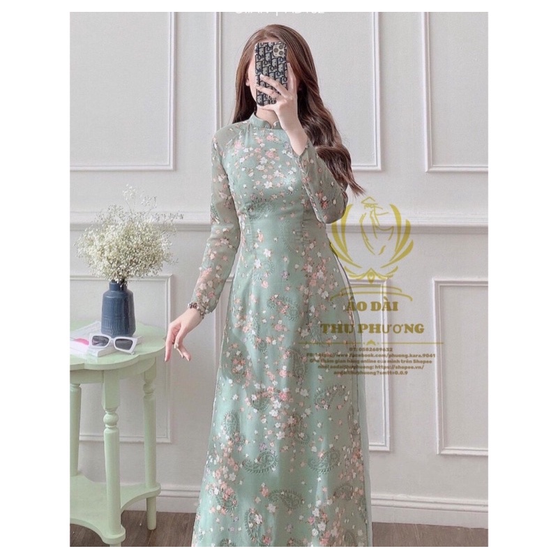 Áo dài hoa nhí xanh rêu ❤️FREESHIP❤️ Áo dài dáng truyền thống loại 4 tà thường