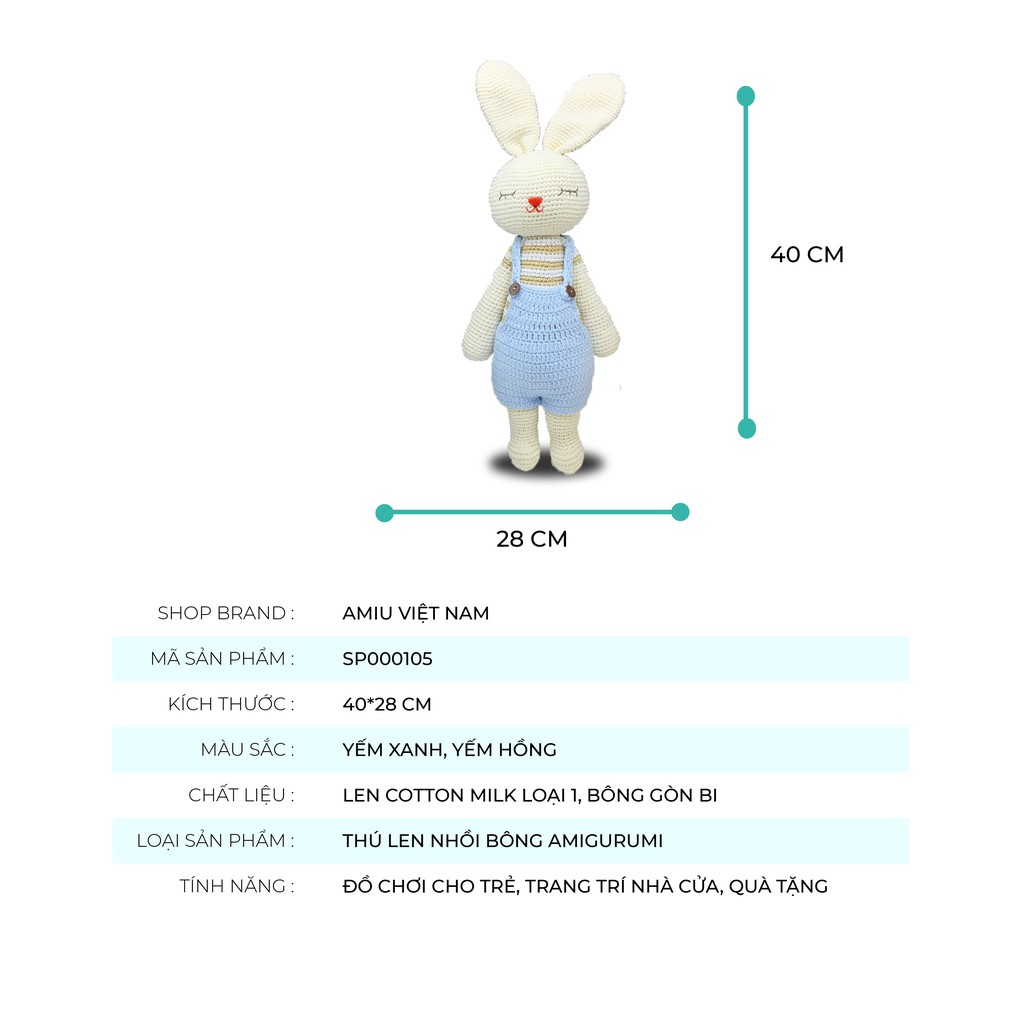 Gấu bông len Amigurumi cao cấp - Thỏ len handmade dễ - Thỏ Lala quần yếm xanh hồng làm quà tặn cho bé.
