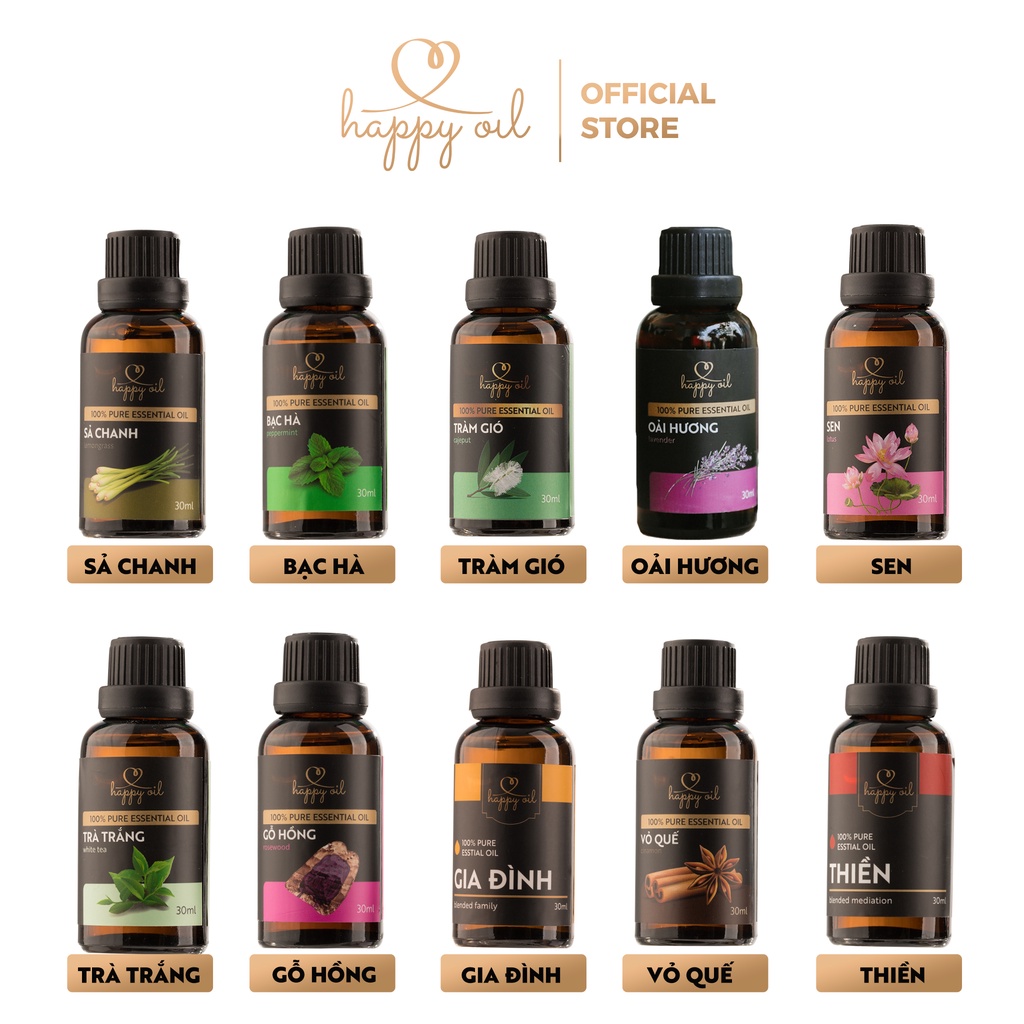 Tinh dầu xông phòng 100% thiên nhiên Happy Oil 30ml | Tự chọn mùi | giúp khử mùi, kháng khuẩn, ngủ ngon, đuổi côn trùng