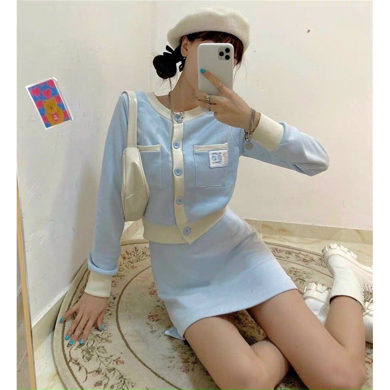 SET CROP XANH POLO VIỀN TRẮNG + CHÂN VÁY