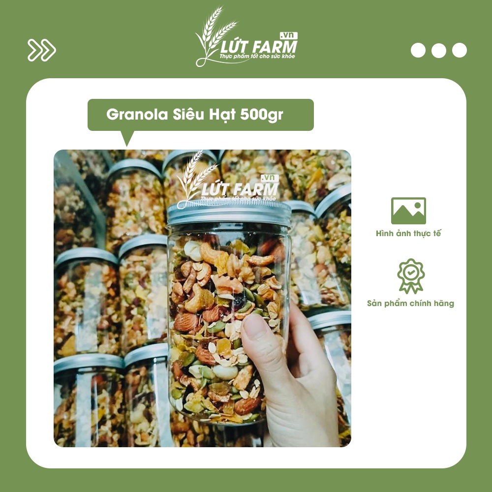 Granola LỨT FARM 500g 90% hạt, Macca, Óc chó vàng Granola Ăn kiêng