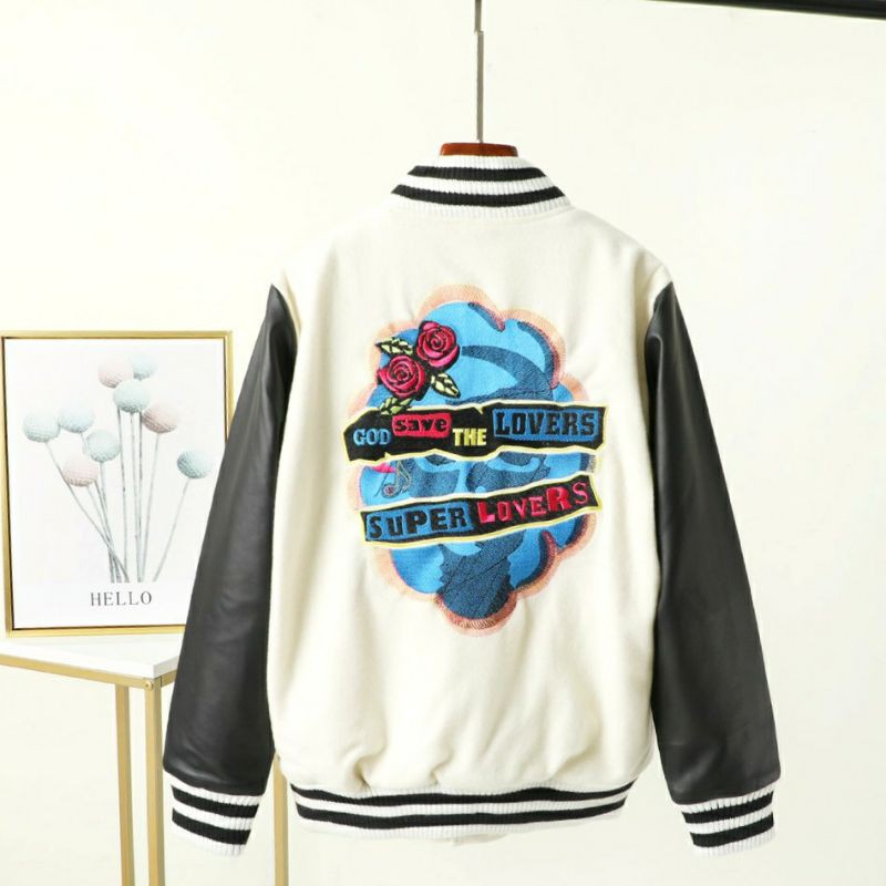 Áo khoác bomber thêu,áo bomber varsity jacket thêu phối tay da cực đẹp