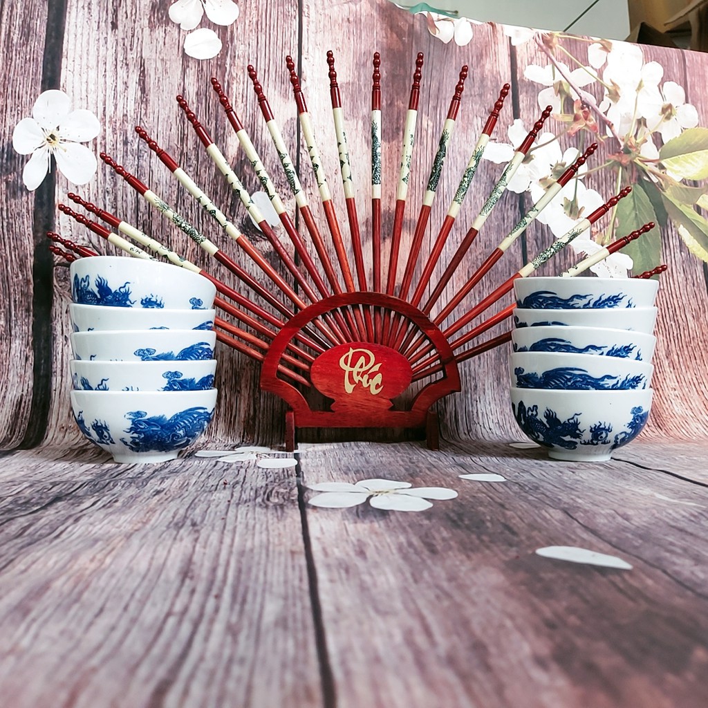 Bộ 10 bát cơm cúng men lam Bát Tràng không kèm giá đũa