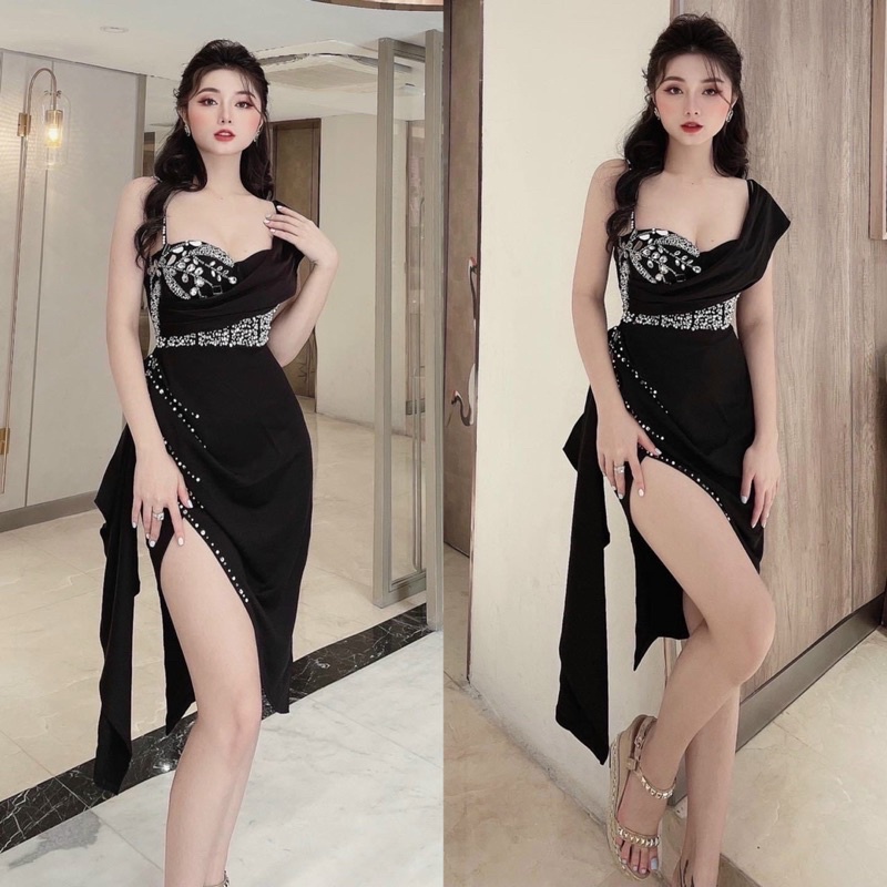 MS1226Y ĐẦM PHI LỤA 1 VAI KẾT ĐÁ GƯƠNG CAO CẤP 5 SIZE : S, M, L , XL   XXL