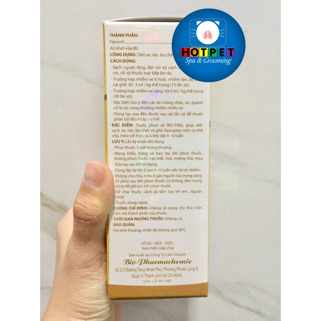 BIO-FINIL 100ML - Chai xịt cao cấp tiêu diệt ve, rận, bọ chét, cái ghẻ cho thú cưng