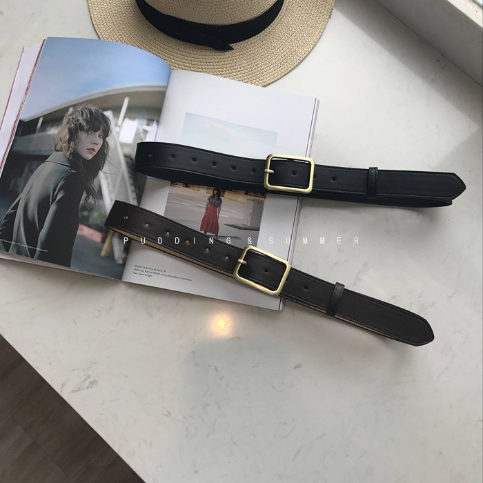 Thắt lưng da PU khóa đồng hình chữ nhật phong cách retro Hàn Quốc