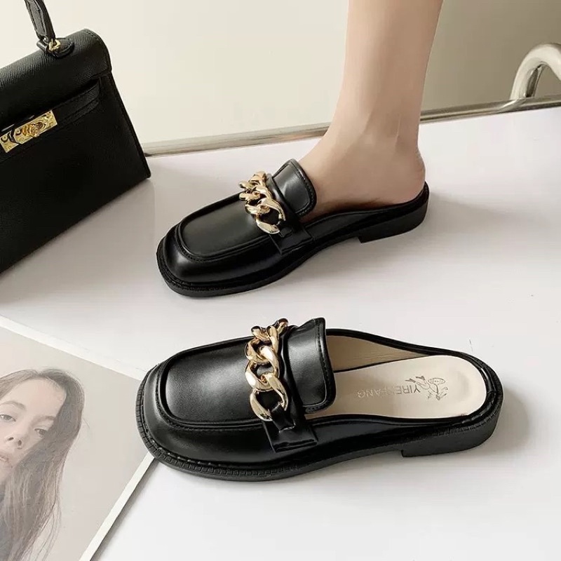 (HÀNG CÓ SẴN) Sục da mềm mũi tròn 3cm viền xích vàng BIG SIZE 41-43