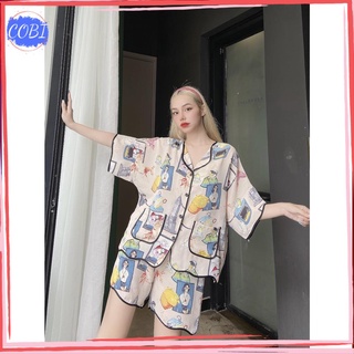 Đồ bộ mặc nhà cobi bộ pijama lụa mango mùa hè dễ thương áo cánh dơi quần đùi form áo rộng thoải mái viền lại