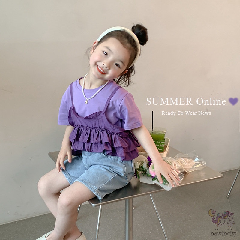 Bộ Áo Thun Cotton + Quần Yếm Nhún Bèo Phong Cách Hàn Quốc Thời Trang Mùa Hè Cho Bé Gái