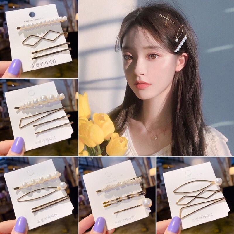 Set 3 kẹp tóc kim loại đính ngọc giả xinh xắn cho nữ