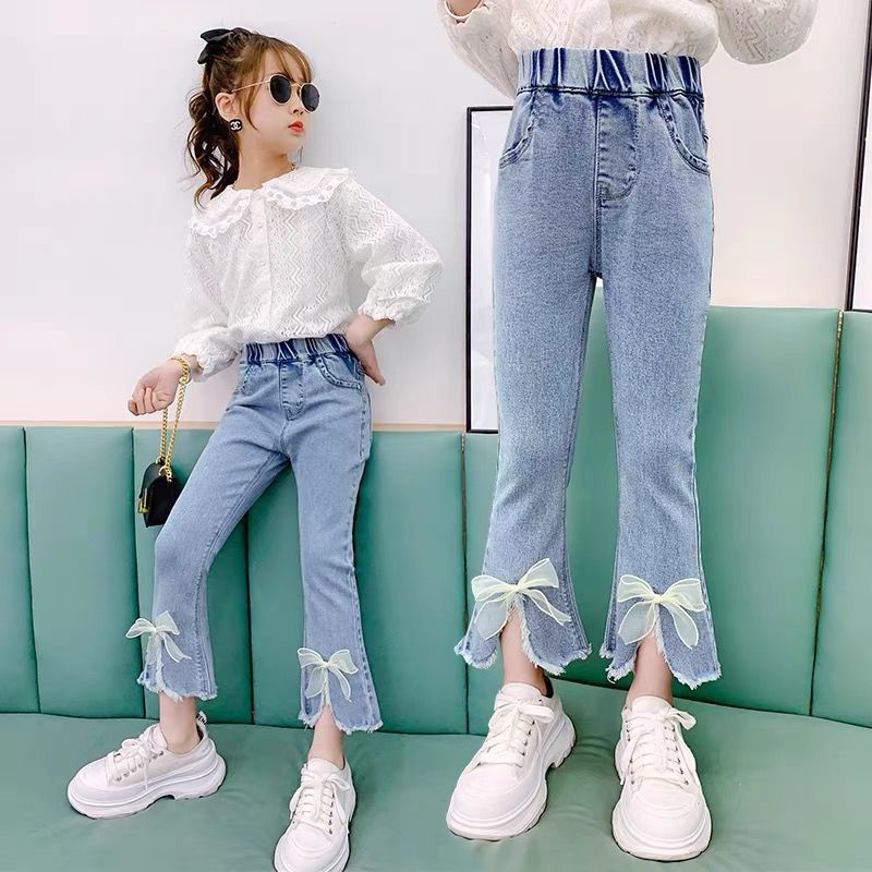 Quần Jean Ống Loe Thêu Họa Tiết Hoa Mận Màu Xanh Dương Thời Trang Xuân Thu Mới Cho Bé Gái 3-16 Tuổi