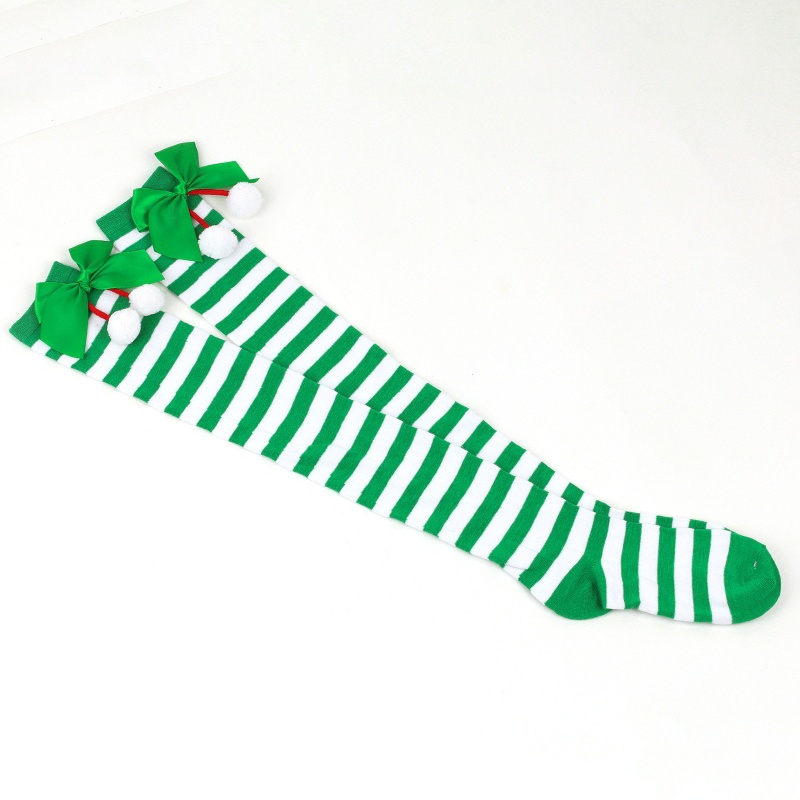 Vớ Dài Qua Gối Co Giãn Đính Nơ Họa Tiết Kẻ Sọc Màu Xanh Lá / Đỏ Dành Cho Bạn Nữ Mặc Dịp Giáng Sinh
