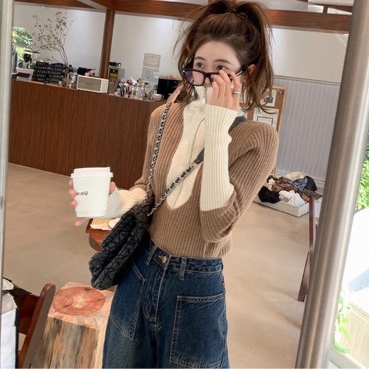 Áo sweater dệt kim ZHELIHANGFEI tay dài cổ polo phối khóa kéo thời trang