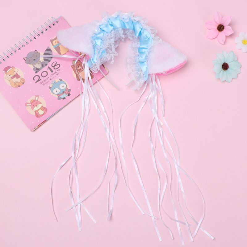 Băng Đô Tai Mèo Bằng Lông Giả Phối Ren Tua Rua Dễ Thương Dành Cho Nữ