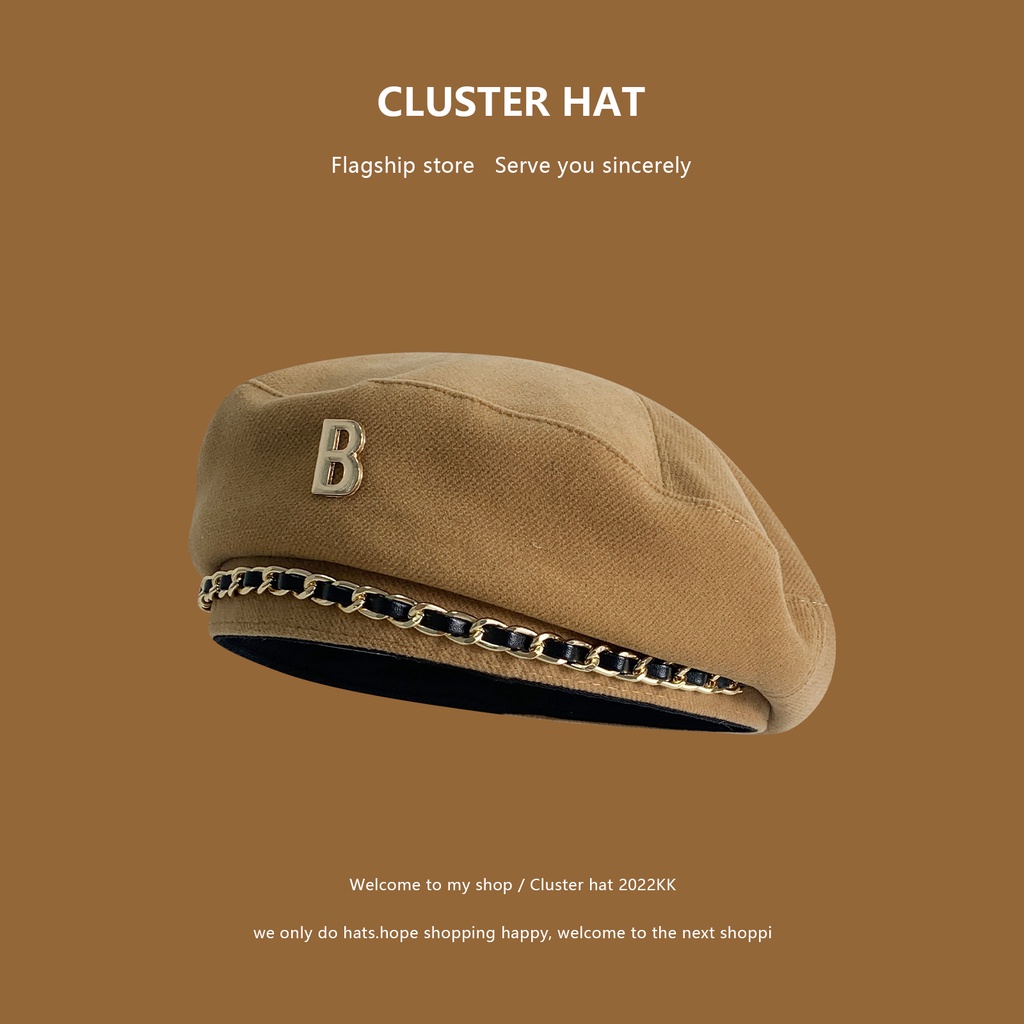 Mũ Beret Len Phối Dây Xích In Chữ B Kiểu Hàn Quốc Thời Trang Xuân Thu Dễ Phối Đồ