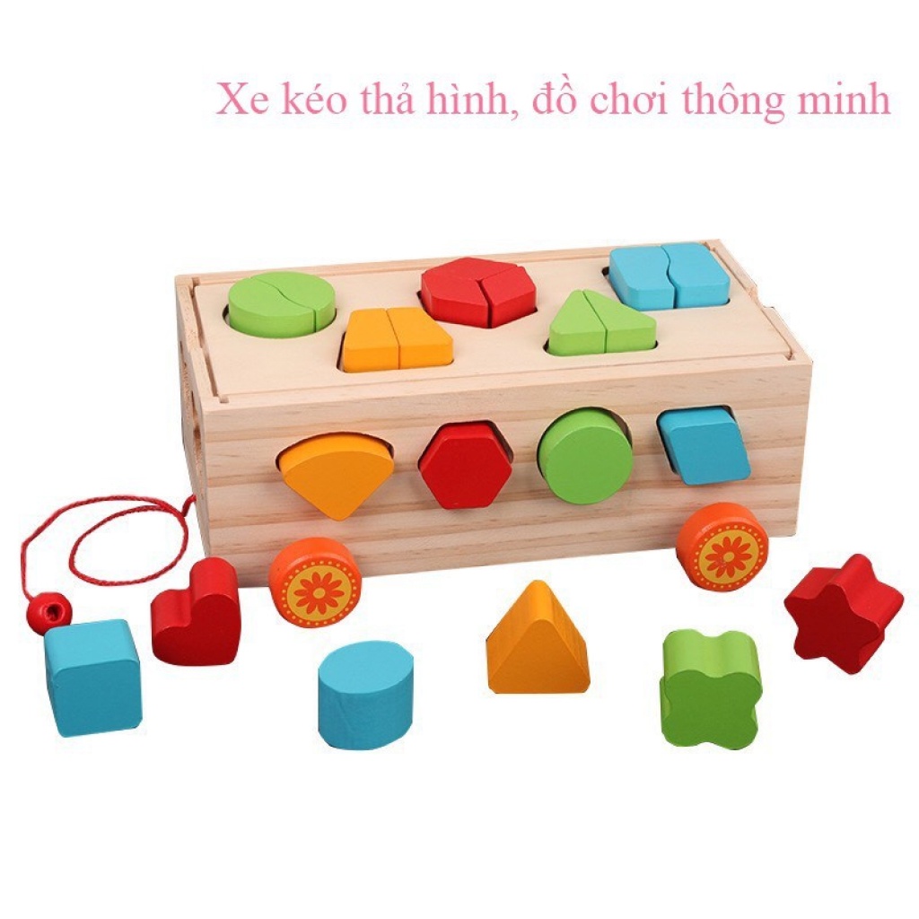 Đồ chơi gỗ thông minh xe kéo thả hình khối đồ chơi phát triển trí tuệ Bonkids toys