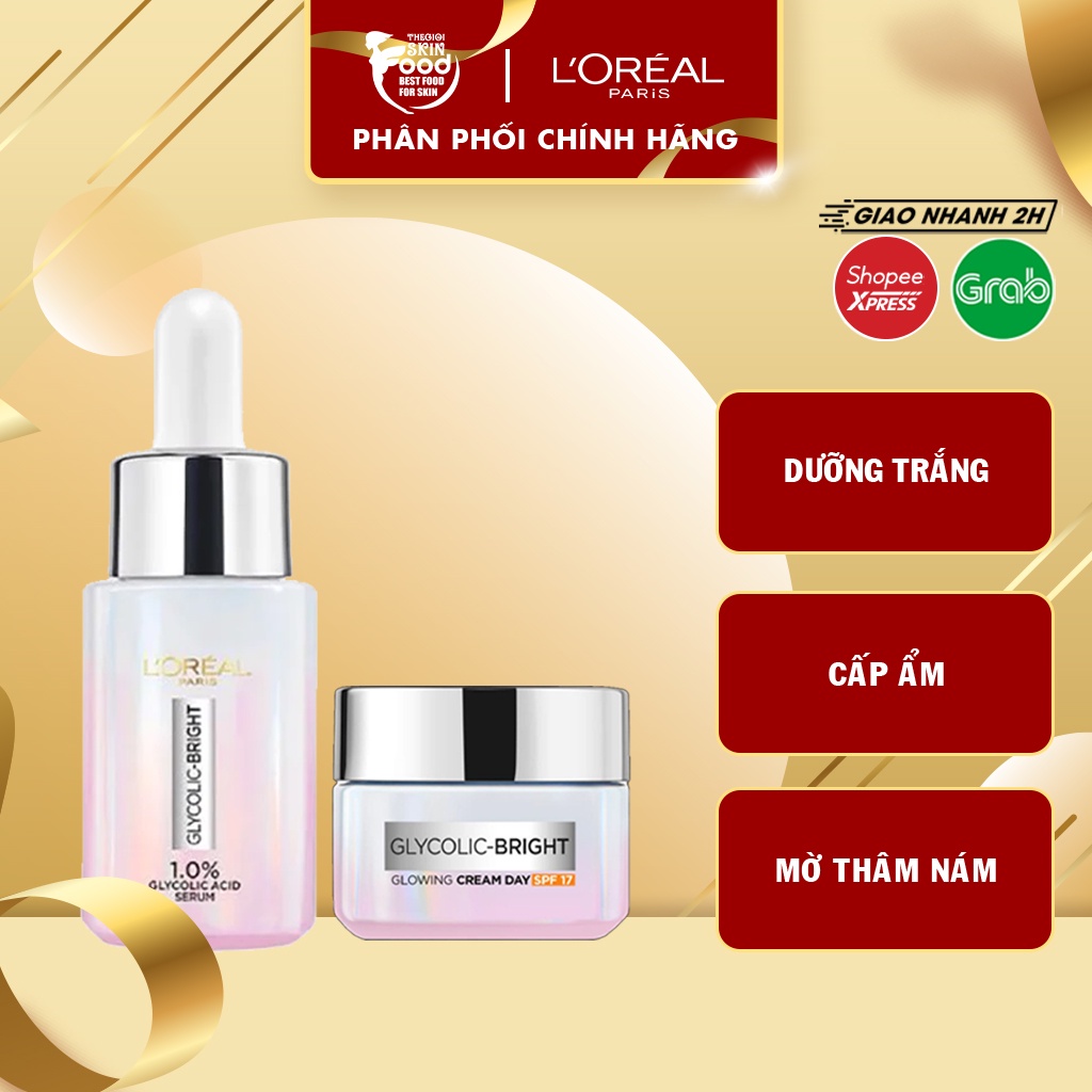 Combo L'Oreal: Sáng Da, Mờ Thâm Nám - 2 Sản Phẩm (Glowing Serum 15ml + Glowing Cream Day 15ml)