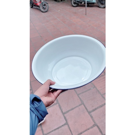 Chậu sắt tráng men size 36-38-40cm hàng trắng mịn miệng xanh loại dày