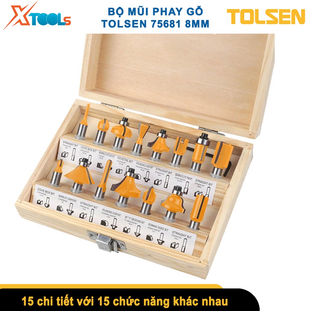 Bộ mũi phay gỗ TOLSEN 75681 8mm, bộ 15 mũi soi gỗ Đường kính mũi từ 1/4&quot;(6.3mm)-1/2&quot; (12.7 mm) [CHÍNH HÃNG][XTOOLS]