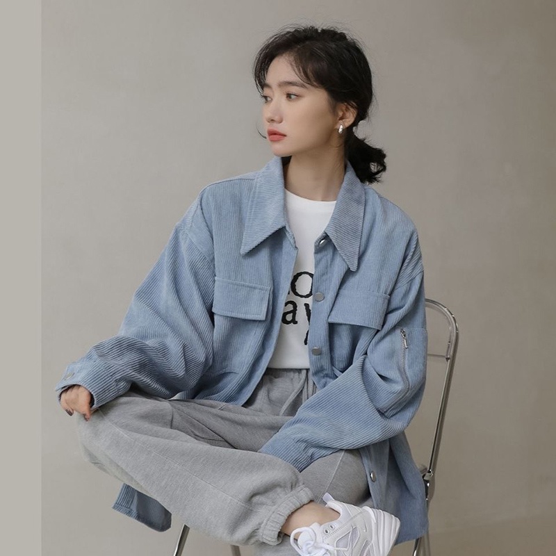 IELGY    Áo Khoác Nhung Tay Dài Cổ Polo Thời Trang Dễ Phối Đồ Cho Bạn Gái