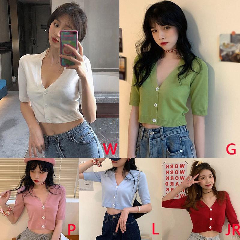 Women's Fashion V-neck Button Short Crop tops Exposed Navel Knitted Short Sleeved T-shirt Cardigan Tops